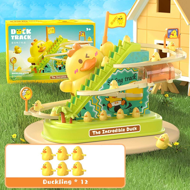 Elektryczny tor mała żółta kaczka zjeżdżalnie kreatywna wczesna nauka kaczka zjeżdżalnia zabawki prezent dla 1 2 3-letnich dzieci