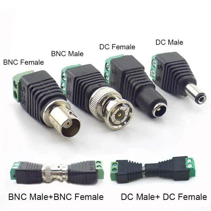 Adaptador de alimentación macho y hembra de 12V CC, convertidor de Balun de vídeo, conector BNC para tira de luz Led, conector de alimentación de cámara