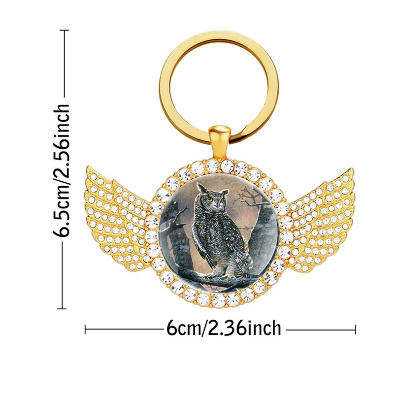Gantungan kunci liontin logam Cabochon kaca desain burung hantu kualitas tinggi dengan cincin kunci kepribadian sayap hadiah perhiasan