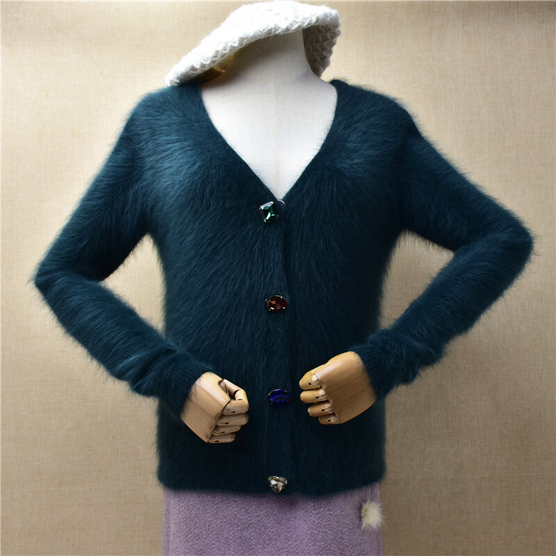 Wanita wanita musim gugur pakaian musim dingin hijau berbulu Mink kasmir rajutan manik-manik V-Neck kardigan ramping Angora bulu jaket Sweater mantel