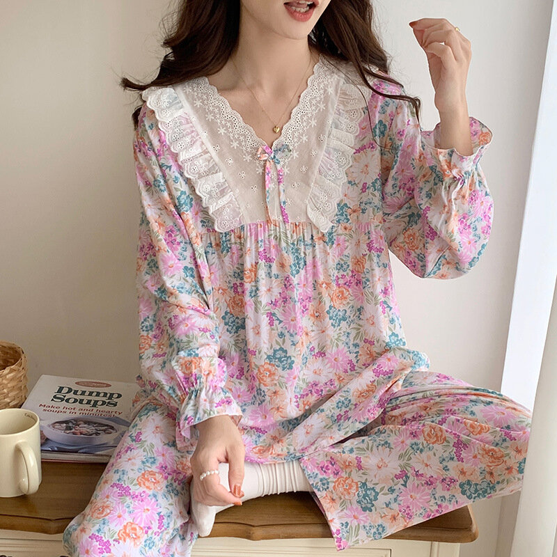 여성용 한국 꽃 프린트 잠옷, 긴 소매 탑 바지 세트, 가정 의류