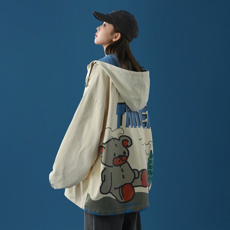 한국 스타일 귀여운 프린트 재킷, 여학생 루즈핏 지퍼, 단색 야구 유니폼 상의