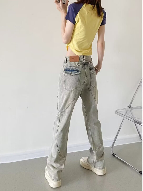 Yellow Mud Color Street Zippered Jeans  Women's High Street Trendy Straight Leg Pants  Slimming Micro Flared Pants