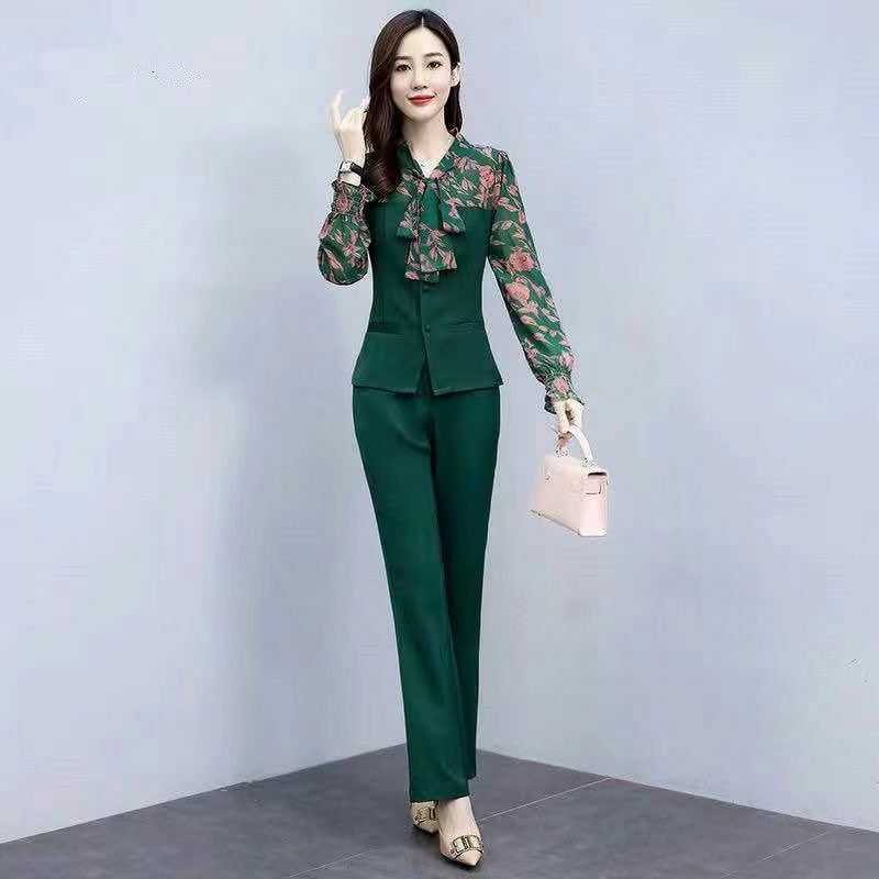 Модный шифоновый комплект с принтом, новинка 2024, женский модный стиль, облегающие широкие брюки, комплект из двух предметов для весны и осени