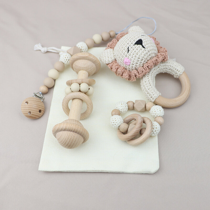 Hochet en bois naturel pour bébé, 1 ensemble, jouet de dentition, Bracelet en perles de Silicone, sucette, Clips factices, sucette pour enfants