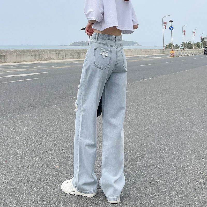 Pantalones vaqueros desgastados para mujer, pantalón holgado de pierna recta, cintura alta, adelgazante, versión coreana, primavera y verano, 2024
