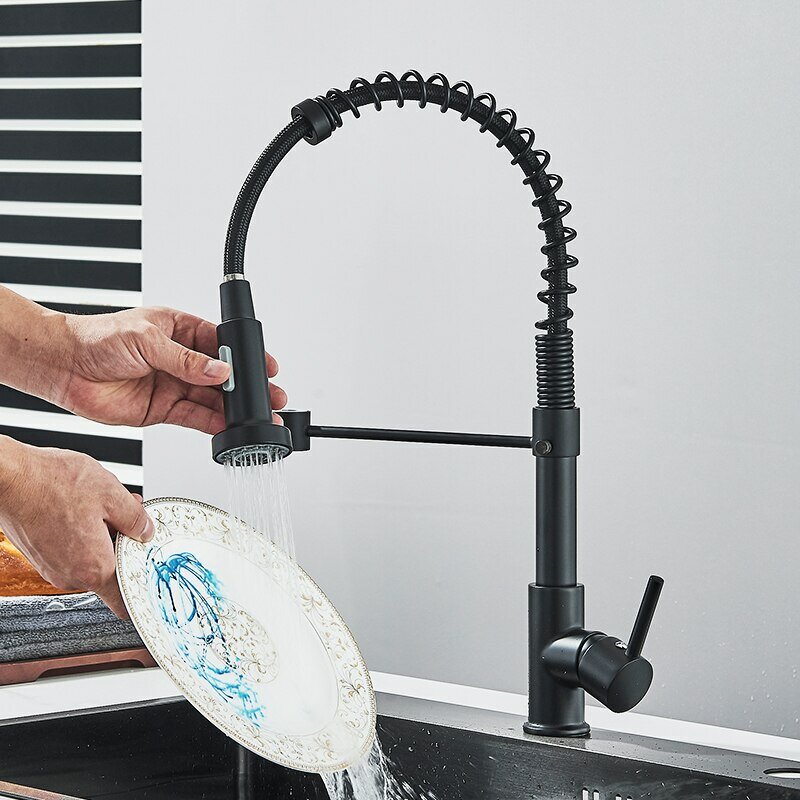 Matte Black Pull Down Kitchen Faucet Chrome Dual Modes Nozzle Hot Cold Water Mixer Crane Tap Brass Spring Kitchen Sink Faucets
