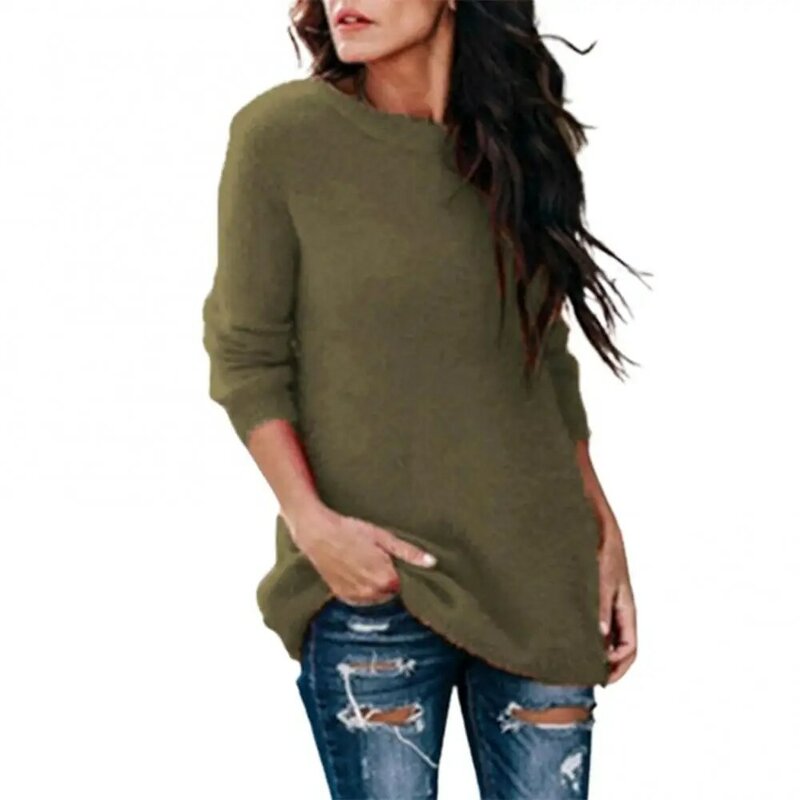 Sweater & jumper wanita, Sweater lengan panjang warna Solid pakaian rajut cantik leher O musim gugur