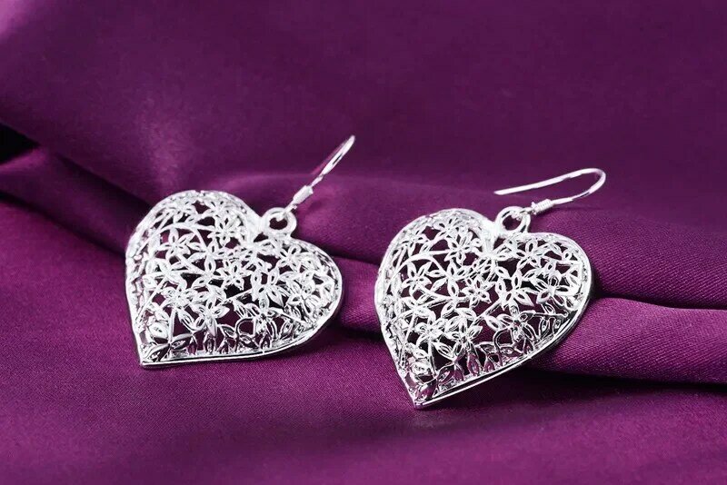 Hot high quality 925 Sterling Silver Earrings fashion Jewelry elegant Woman Retro Carved heart earrings Christmas Gifts