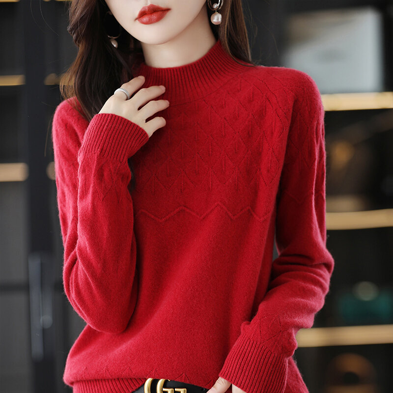 Autumn  Winter New 100% Pure Wool Sweater Women's Half High Round Neck Pullover Foreign Style Hollow Sweater Loose All-match Top