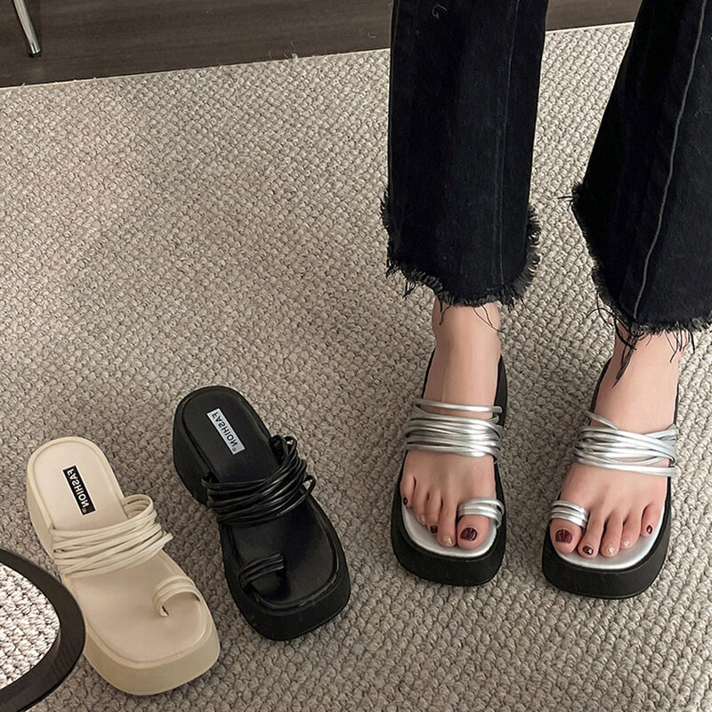 2024 Summer Chunky Woman Slippers Fashion Clip Toe Platform Wedges High Heel Silvery Ladies Shoes Zapatillas De Mujer