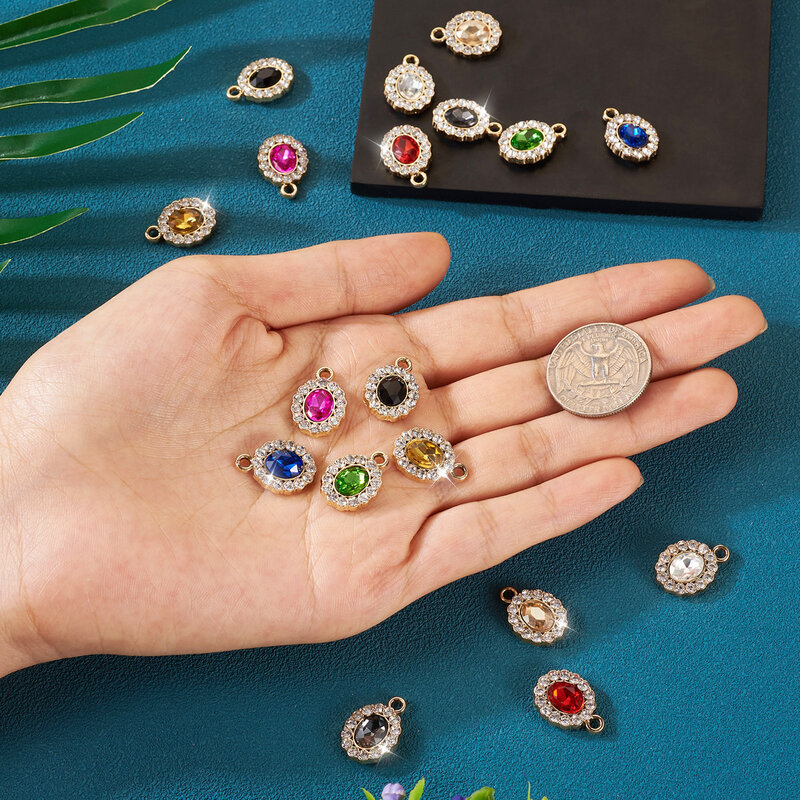 Dijes de diamantes de imitación de cristal de 18 piezas, colgantes de aleación de vidrio ovalado para collar, pulsera, Pendientes colgantes, fabricación de joyas DIY