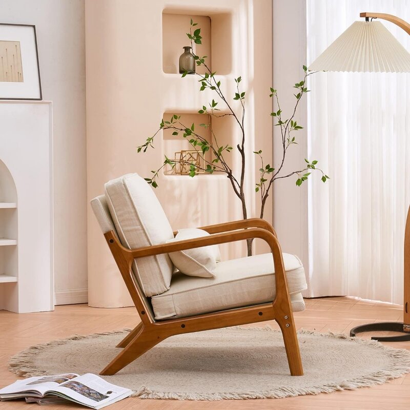 Silla moderna de mediados de siglo con almohada, Sillón tapizado de salón con marco de madera maciza y cojín suave para sala de estar