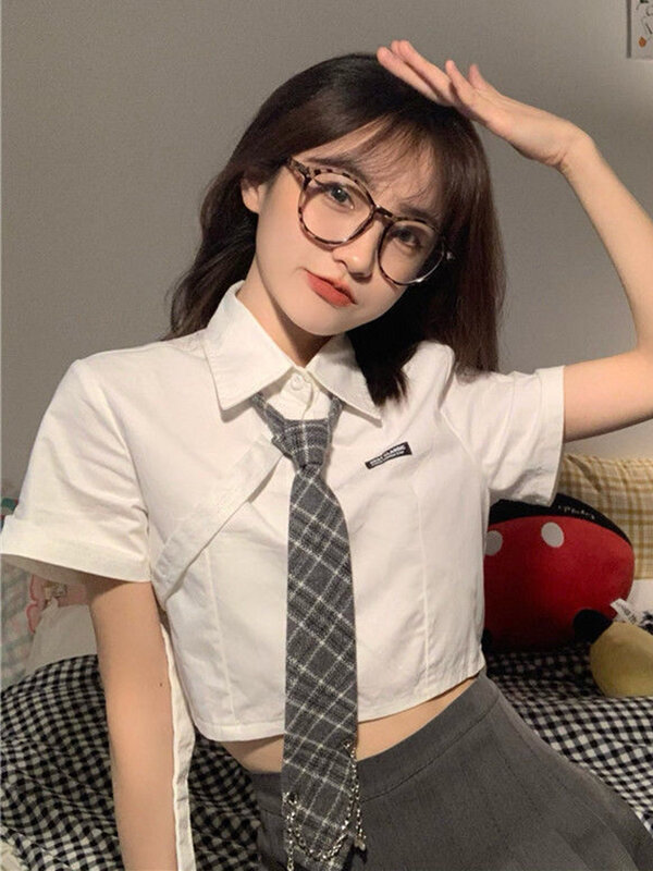 Zoki Jk kemeja crop seksi dasi blus imut model anak sekolah desain wanita blus imut Jepang kasual lengan pendek Fashion huruf atasan Kawaii wanita