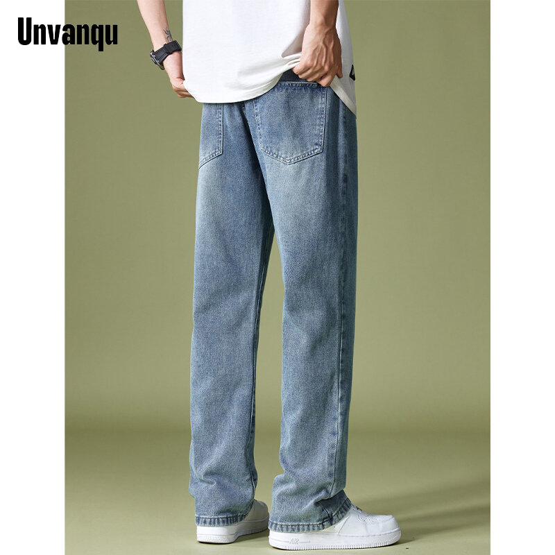 Modne ulica Harajuku dżinsy męskie Unvanqu letnie cienkie lodowy jedwab szerokie spodnie nogi Retro prosta luźne proste spodnie jeansowe