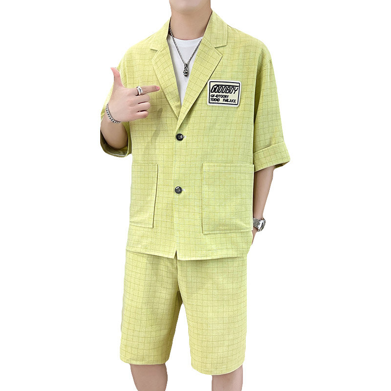 Summer Men's Blazer & Shorts Set Elegant Plain Lapel plaid Print Short Sleeve Blazer & Shorts 2Pcs Suit