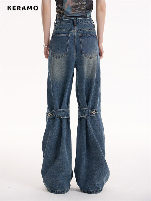 Jeans taille haute à jambes larges pour femmes, pantalons décontractés, denim droit, design américain vintage, style unisexe, fjj