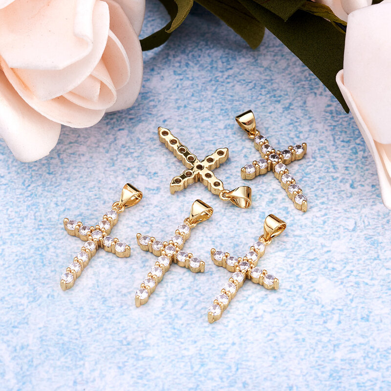 5pcs Cross Charms Brass Clear Cubic Zirconia Pendants for Women Necklace Keychain Diy Jewelry Findings Gifts 26.5x17.5x3.5mm