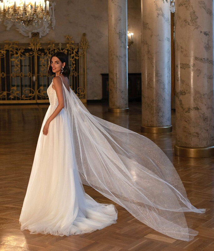 Gaun pengantin leher V seksi, gaun pengantin Model A Glitter Boho leher V, gaun pengantin belahan tinggi punggung terbuka 2024 pengantin wanita