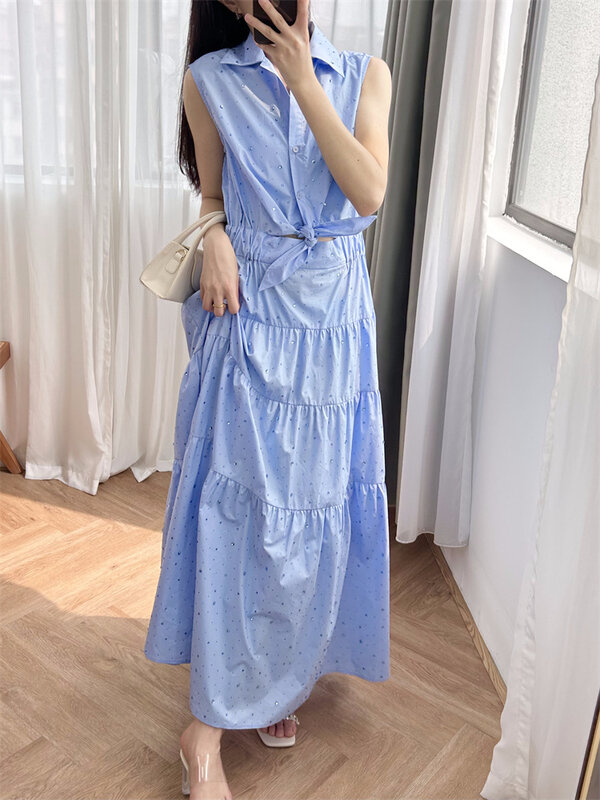 Rhinestone Blue Robe Women Lace-up Elastic Waist Turn-down Collar Sleeveless Elegant Summer 2024 Long Dress