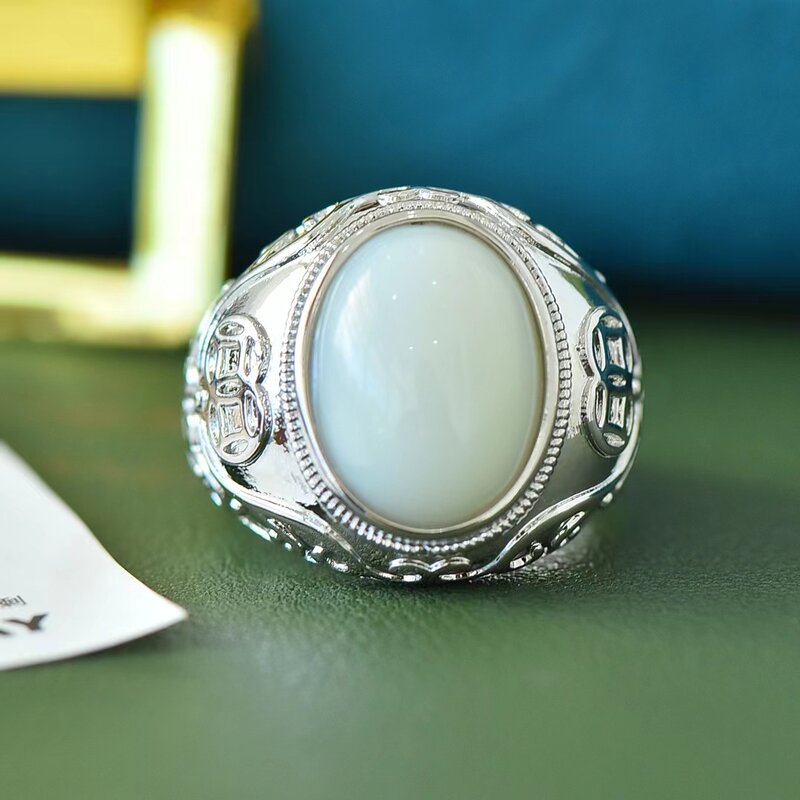 Jade Hetian💍Pedra Natural Anéis Ajustáveis para Homens e Mulheres, Jóias Pedras Preciosas, Luxo Retro Charme, Amuleto Mascotes