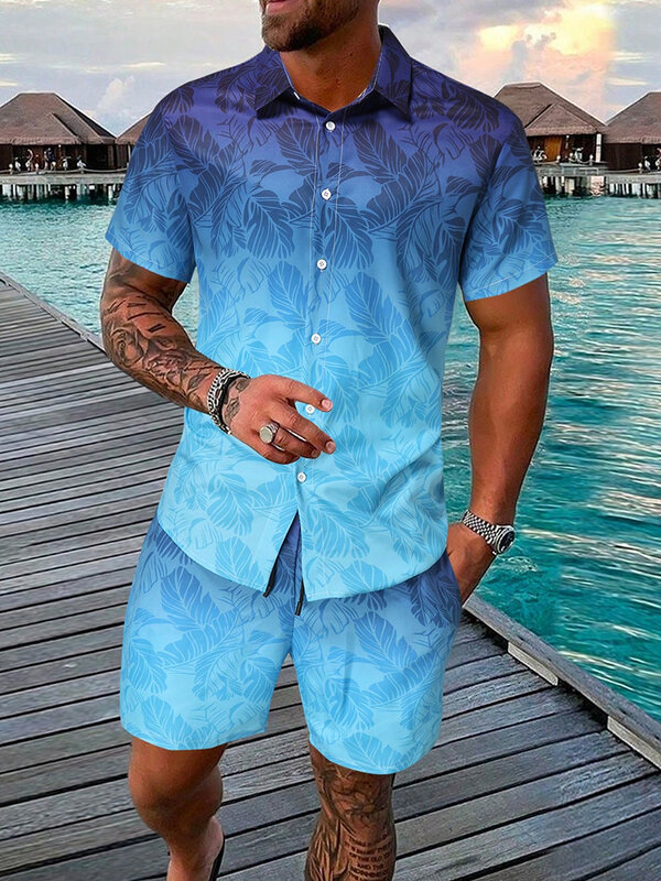Conjunto de camisa hawaiana de manga corta para hombre, pantalones cortos de playa, cómodos, informales, transpirables, verano, 2024