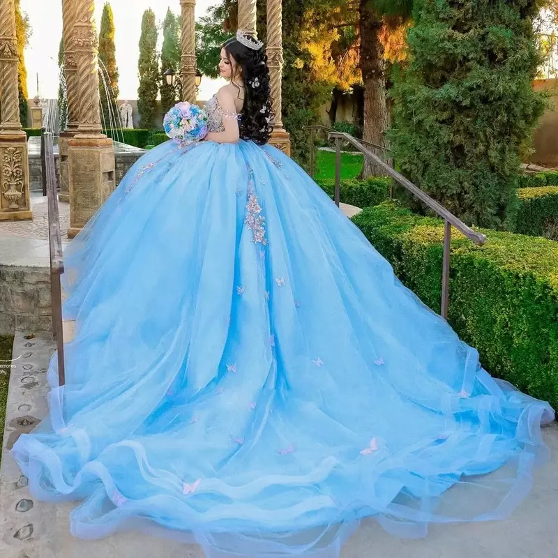 Blue 3D Flowers Quinceanera Dresses Ball Gown Off Shoulder Beading Appliques Mexican Girls Sweet 16 Prom Birthday Ball Gown