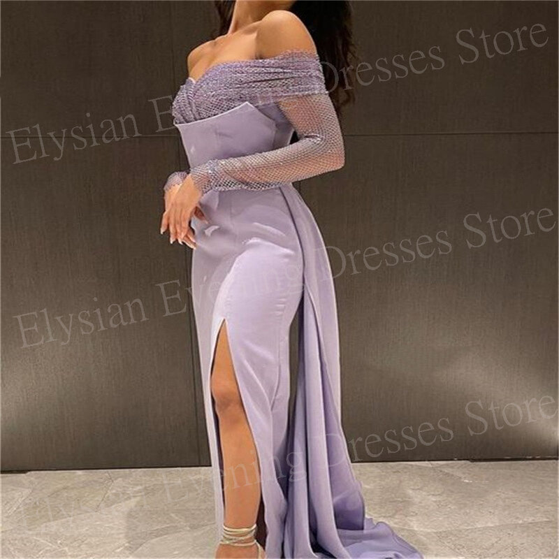Arabska 2024 wdzięczna fioletowa damska syrena nowoczesne suknie wieczorowe eleganckie z odkrytymi ramionami długi rękaw suknie na bal maturalny boczne rozcięcie