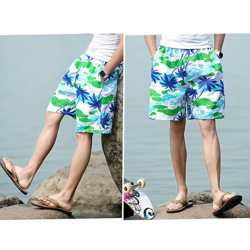 Shorts de praia estampados em árvore tropical masculino, fino, secagem rápida, perna larga, casacos casuais, verão