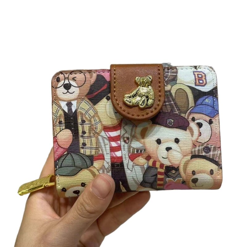 Bolsa de tarjeta de identificación integrada para mujer, pequeño bolso de tarjeta cuadrado de estilo corto, bolso de monedas de oso pequeño multifuncional