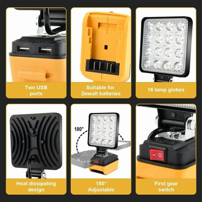 Cordless LED Luzes de Trabalho para Dewalt, Iluminação Exterior, Lâmpada de Trabalho, Camping Emergência Luz de Inundação, Lanterna, Lithium Battery, 18V, 20V