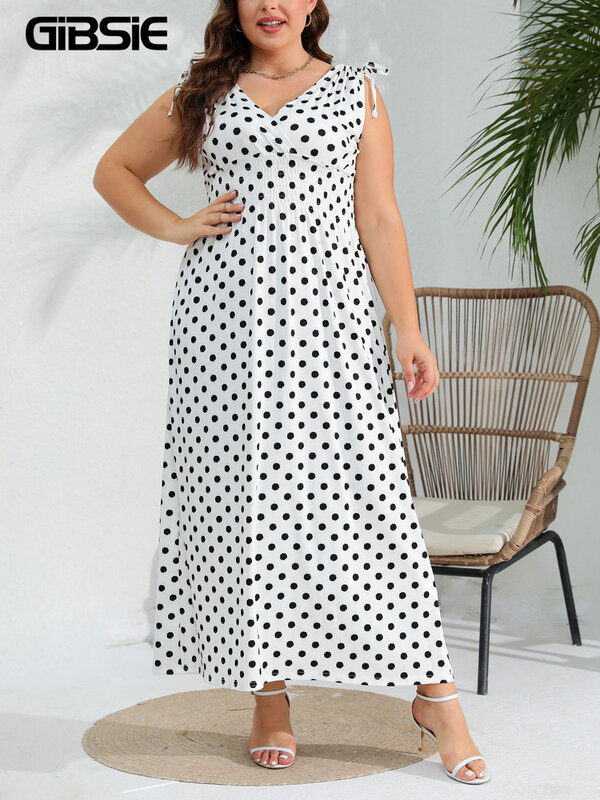 GIBSIE gaun tanpa lengan leher V Polka Dot ukuran besar untuk wanita 2024 gaun Maxi A-line elastis kasual liburan bahu simpul musim panas