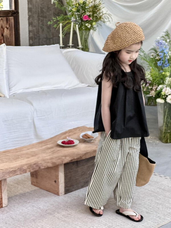 Korean Girl Suit Summer New Joker Sleeveless Vest Top Striped Wide-leg Pants Casual Fashionable Two-piece Baby Girl Clothes