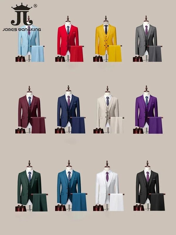 Terno monocromático de três peças masculino, vestido de noiva monocromático para noivo, colete e calça, marca de luxo, negócios formais, 14 cores, M-6XL