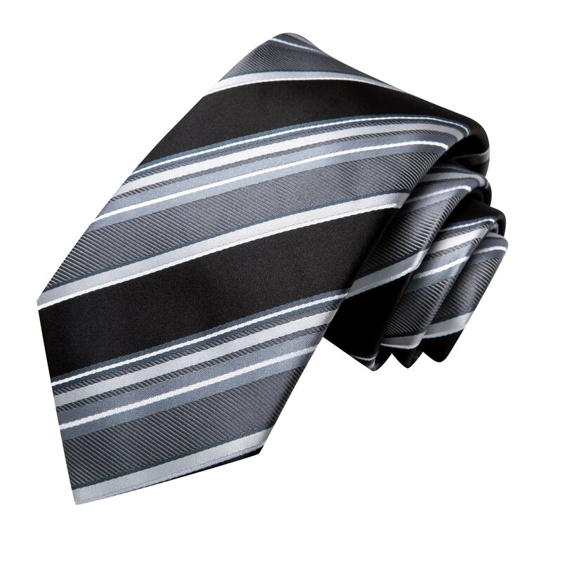 Gravata Jacquard de alta gravata para homens, gravata listrada preta e cinza, acessório elegante para casamento, festa de negócios, abotoaduras Hanky