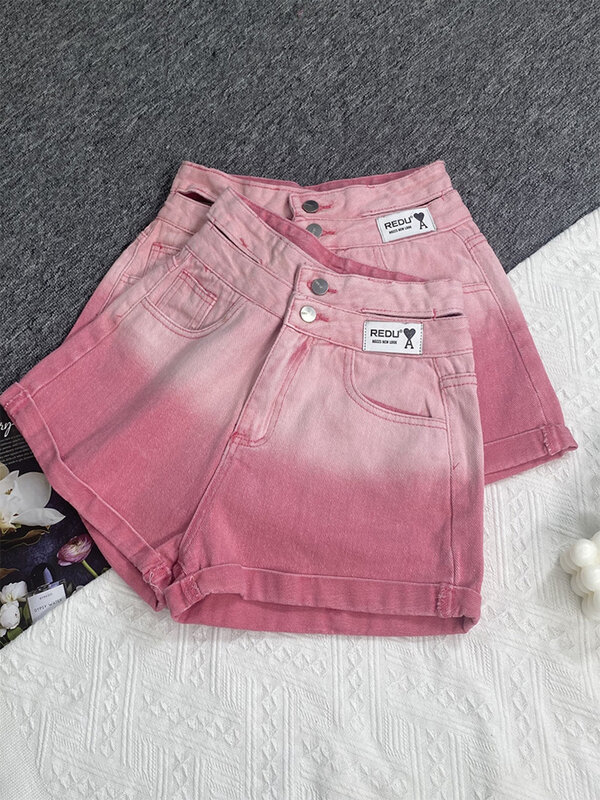 Women's Pink Denim Shorts High Waist Wide Shorts Harajuku Y2k Casual Vintage Korean Style A-line Jeans Short Pants Summer 2023
