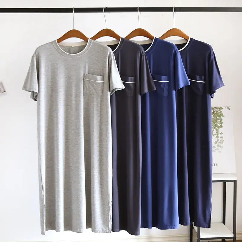 Мужская Модальная ночная рубашка, цельный ночной сорочка средней длины с коротким рукавом, тонкая домашняя одежда для сна, ночная рубашка для мужчин, M32, на лето