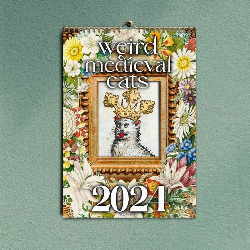 Kalender kertas 2024 kucing abad pertengahan dekorasi dinding menyenangkan waktu aneh perencanaan kucing kalender hadiah Tahun Baru kalender dinding lucu rumah
