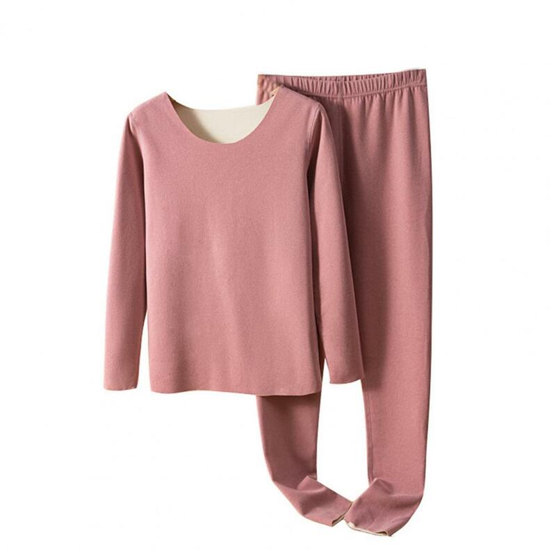 Conjunto de pijama de inverno feminino, manga comprida, gola em O, roupa interior térmica, calça sem costura, veludo grosso