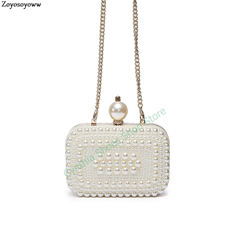 Graceful Pearl Mini Woman White Shell Bag Gold Iron Chain Messenger Bag Size In 15.5X11X5.5cm For Lady Girl Party Bag