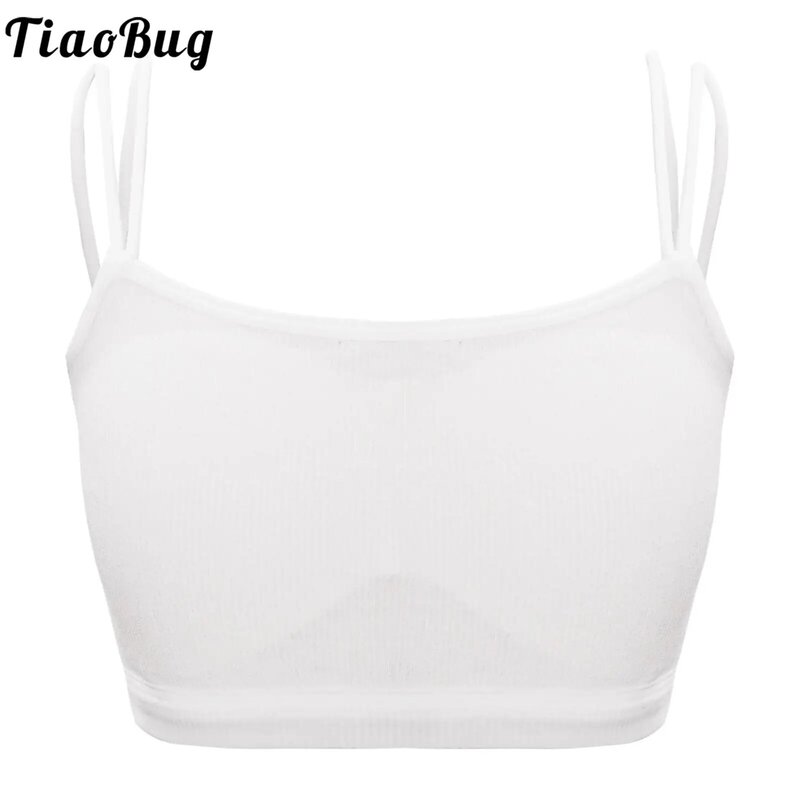 Hot Kids Girls Solid Color Sports Vest Double Spaghetti Straps Padded Bra Elastic Hem Ribbed Camisole Underwear for Fitness Yoga