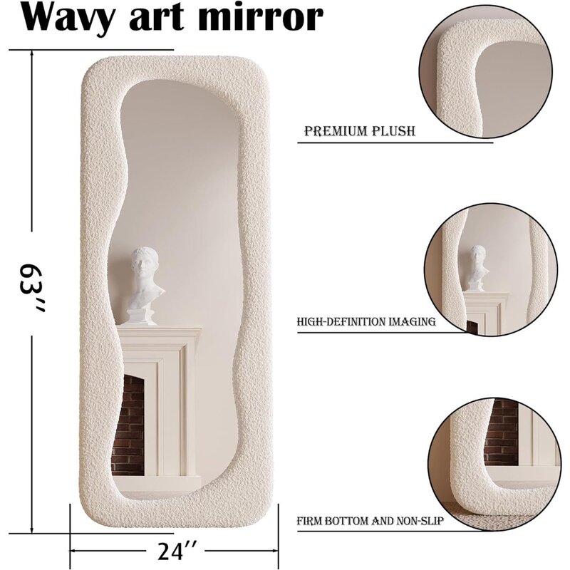 Comprimento Total Irregular Wave Mirror, Flanela Envolto, Moldura De Madeira, Espelho De Chão, Adequado Para Vestiários, Quartos, Salas