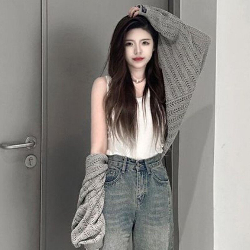 Cárdigans de estilo coreano para mujer, ropa holgada de manga larga, color gris, diseño Simple, sólido, combina con todo, primavera y otoño