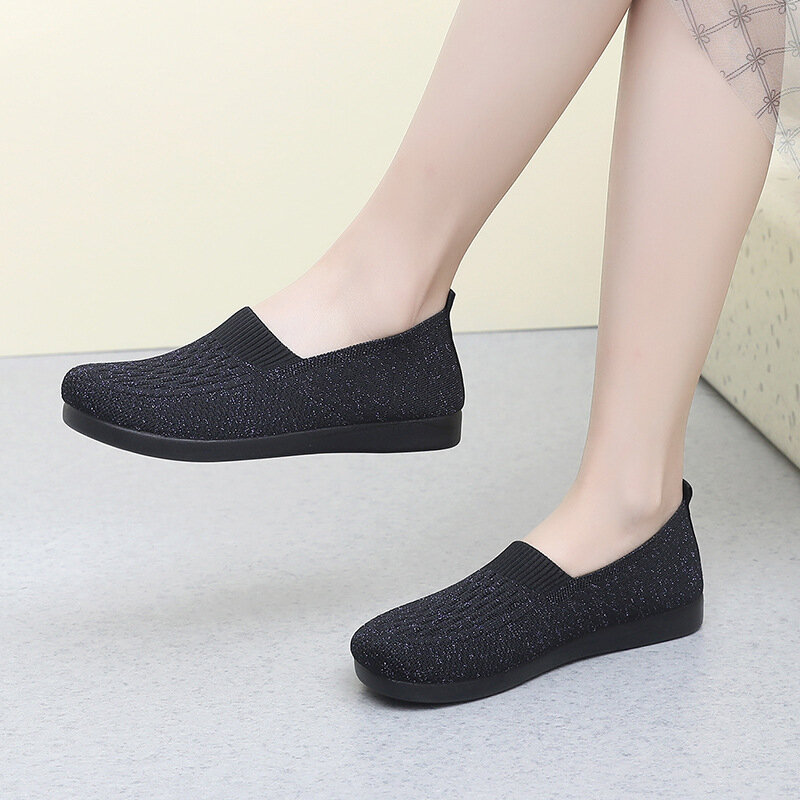Womens Mules Flats Green Knitted Loafers Woman Cozy Work Shoes Ballet Flats Wide Toe Plain Lightweight Breathable Granny Shoes
