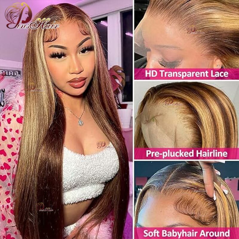 Honey Blonde Highlight Straight Lace Frontal peruca de cabelo humano para mulheres, pré-arrancadas, coloridas, Remy, P4, 27, 13x6