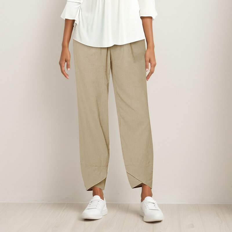 Calça reta de linho de algodão solta feminina, cintura alta, longa, sólida, Harajuku, Verão, Casual, 2024