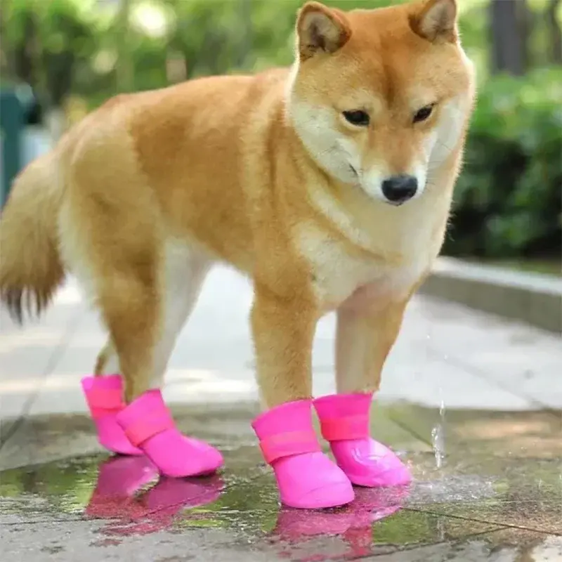 Sepatu hujan tahan air hewan peliharaan, 4 buah sepatu bot karet antiselip untuk anjing kucing kecil sedang besar, sepatu bot pergelangan kaki anjing Aksesori hewan peliharaan