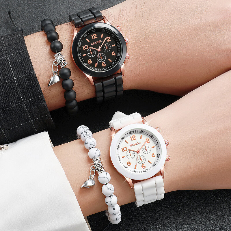 4 buah/Set jam tangan kuarsa silikon pasangan modis dengan gelang manik-manik kekasih