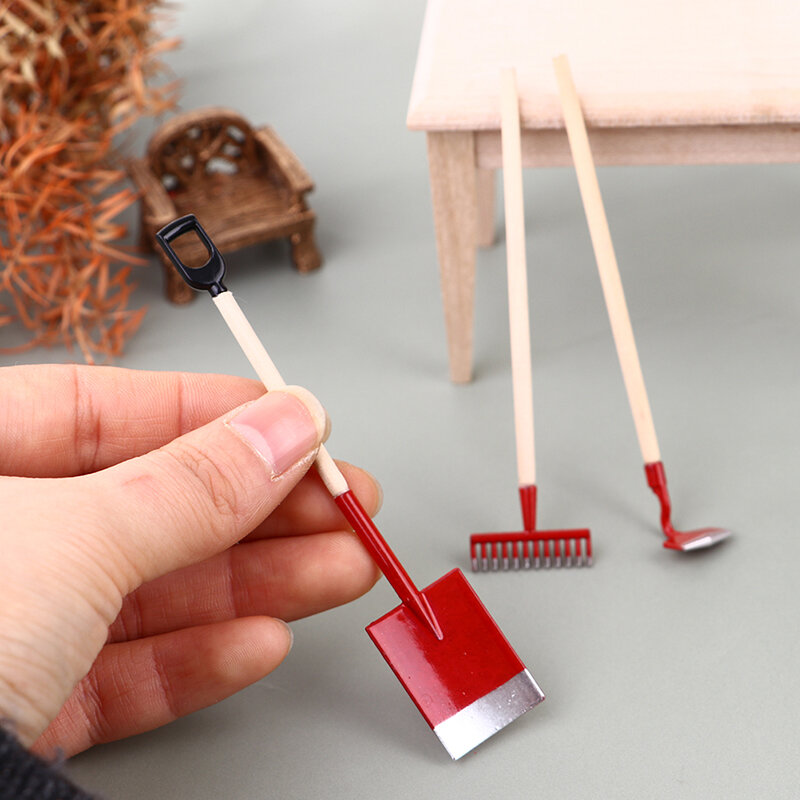 3Pcs 1:12 Scale Dollhouse Miniature Shovel Hoe And Pitchfork Farming Tools Fairy Garden Accessories Furniture Toys