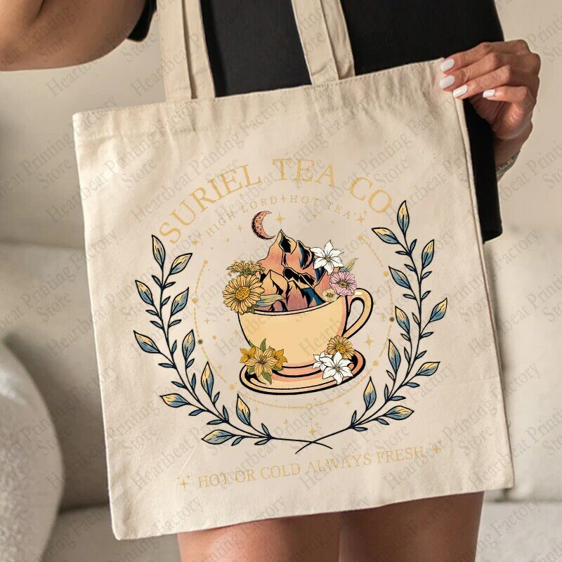 Suriel-Bolso de mano con patrón de té Co para mujer, bolsa de hombro de lona para amantes de los libros, viaje diario, bolso de compras reutilizable